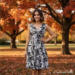 WHITE HOUSE BLACK MARKET Tropical Floral Midi Dress 4 Fit & Flare V Neck  #261